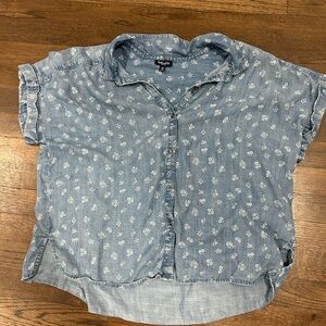 Chambray Button-Up Shirt with White Floral Print
